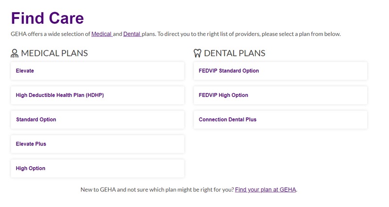 screenshot of the find care web page.