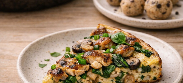 A savory mushroom, chicken, egg, spinach and chive topped pizza, a plate of truffles in the background 
